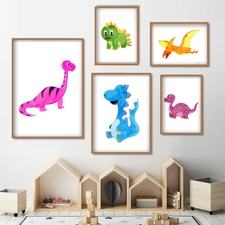 

Watercolor Funny Cartoon Baby Dinosaur Animals Nordic Posters Wall decor poster Aesthetic Nursery Kids Room canvas painting