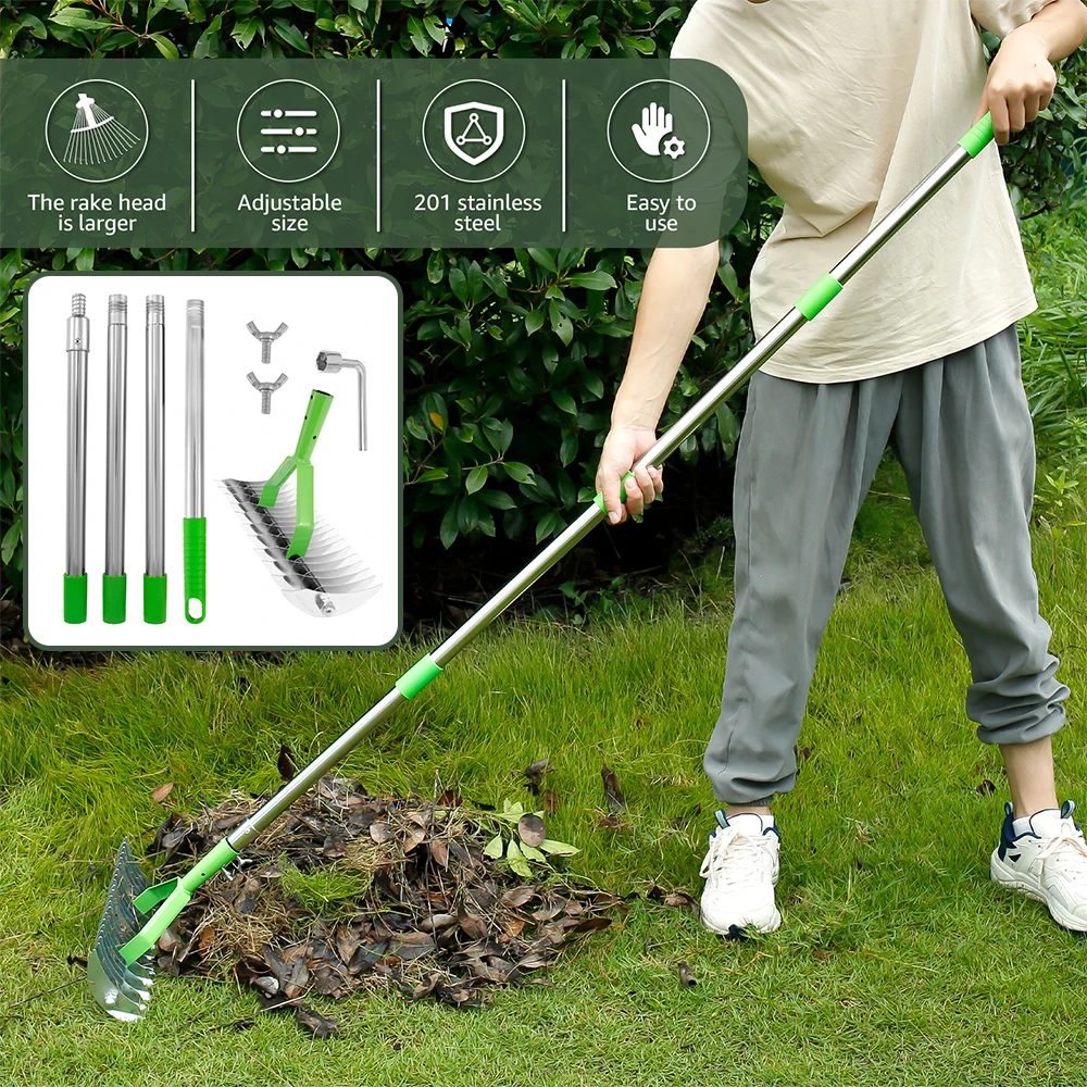 Thatch Rake Double Sided Lawn Rake Stainless Steel Adjustable Dethatcher with 4 Sections Handle Garden Tool for Clear Dead Grass farming rake