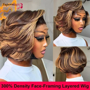 Honey Blonde Highlight Straight Glueless Wigs Human Hair Blunt Layered Cut Bouncy Colored Straight bob Human Hair Wig Preplucked