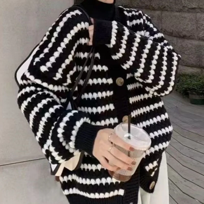 Korean Chic Elegant Women's Cardigan V-Neck Long Sleeve Top Stripe Sweater Vintage Black Coats & Jackets Loose Office Lady's Top