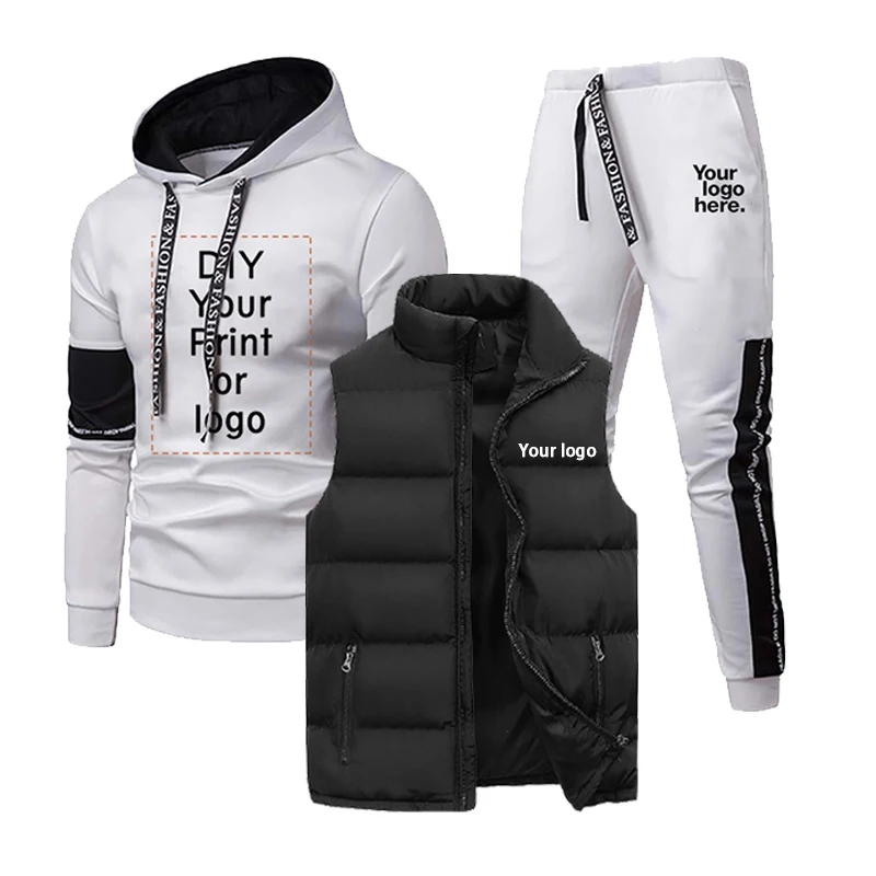 

2023 Men's Custom Logo Sweatshirt Set Breathable Hoodies+Sweatpants+Puffer Vest Tracksuit DIY Print Sport Suit Male Streetwear