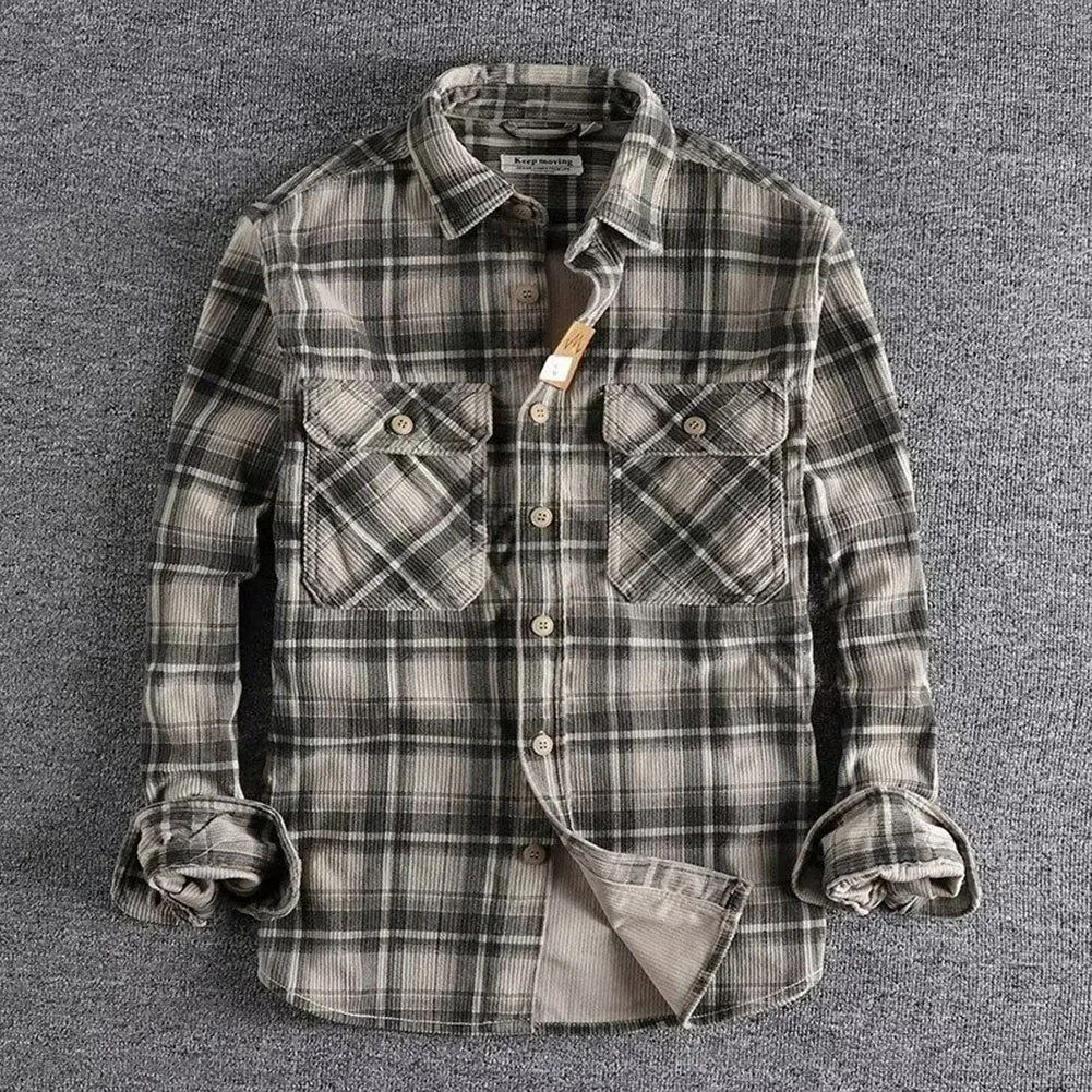 Fashion Vintage Men Classic Long Sleeve Plaid Shirts Lapel Collar Pocket Washed Corduroy All-Match Shirt Coat Tops Man Clothes