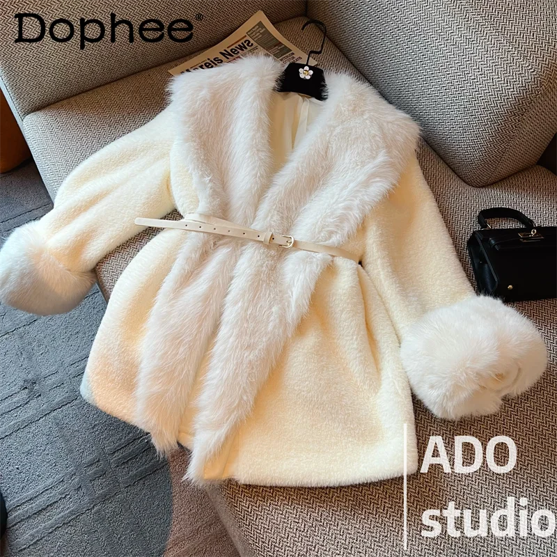 

Однотонное шерстяное меховое пальто с длинным рукавом, новинка зимы 2023, облегающее плотное теплое пальто средней длины с эффектом пуш-ап и куртки для женщин