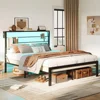 Bestier Queen Size Bed Frame with 49.2" High LED Storage Headboard Shelf, Metal Platform Bed, Black 6