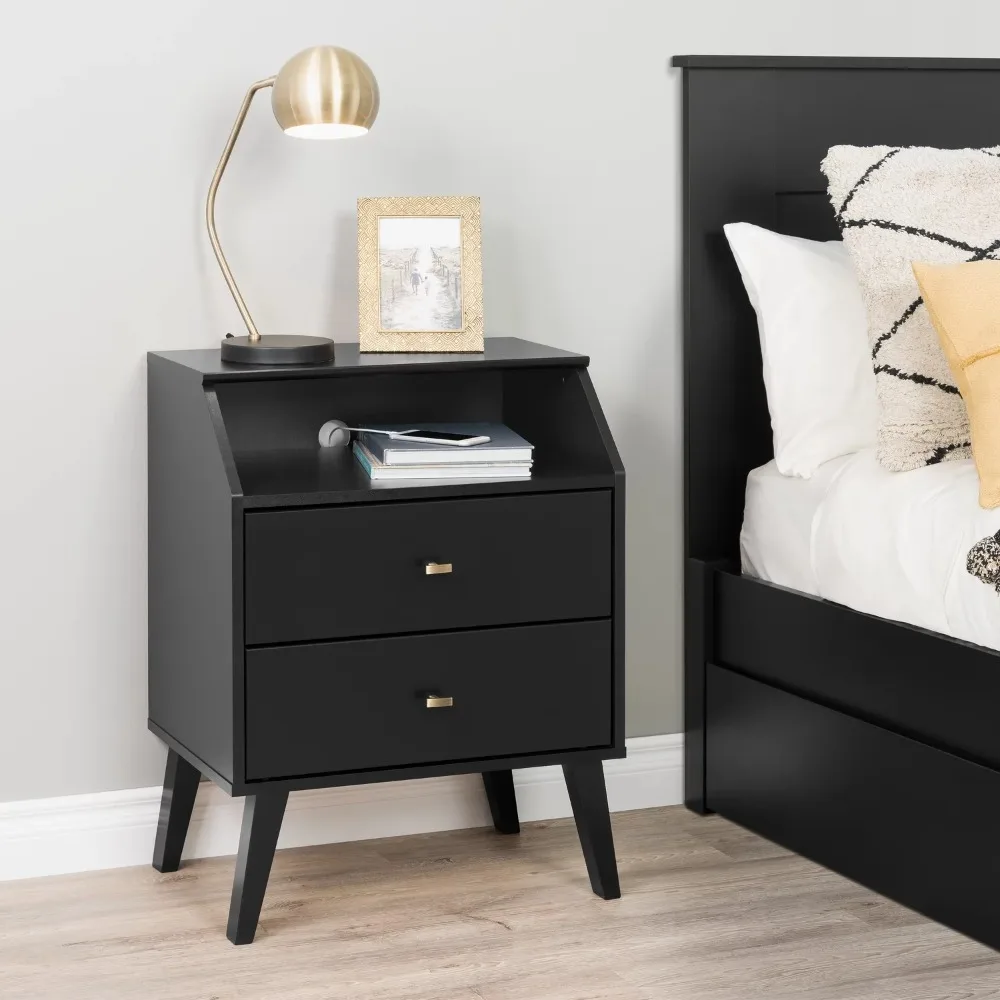 

Milo Mid-Century Modern 2-Drawer Bedroom Nightstand Night Table Black Freight Free Furniture Nightstands Bedside Cabinet Tables