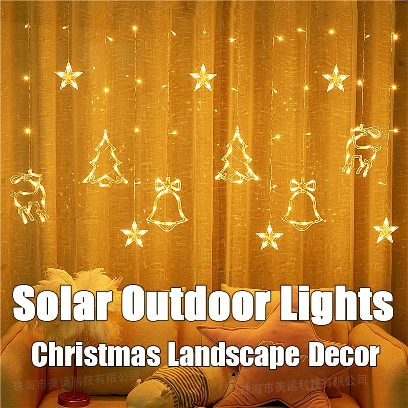 LED Solar Christmas Lights Courtyard Landscape Decor New Day Cross Outdoor Camping Colorful Villa Garden Star Moon Curtain Lamps