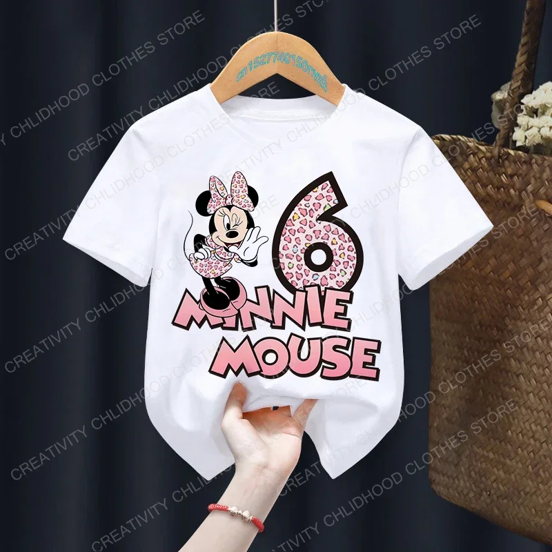 Summer Minnie Mouse Children T-shirt Kawaii Number 1-12 Disney T Shirts Anime Cartoons Casual Clothes Kid Girl Boy Top Tee Shirt