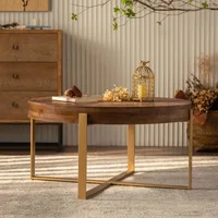33.86" Modern Retro Splicing Round Coffee Table,Fir Wood Table Top with Gold Cross Legs Base 1