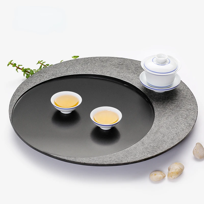 

Drainage Stone Dark Saucer Cup Round Japanese Black Modern Office Tea Tray Decoration Serving Restaurant Tablett Deko Home Decor