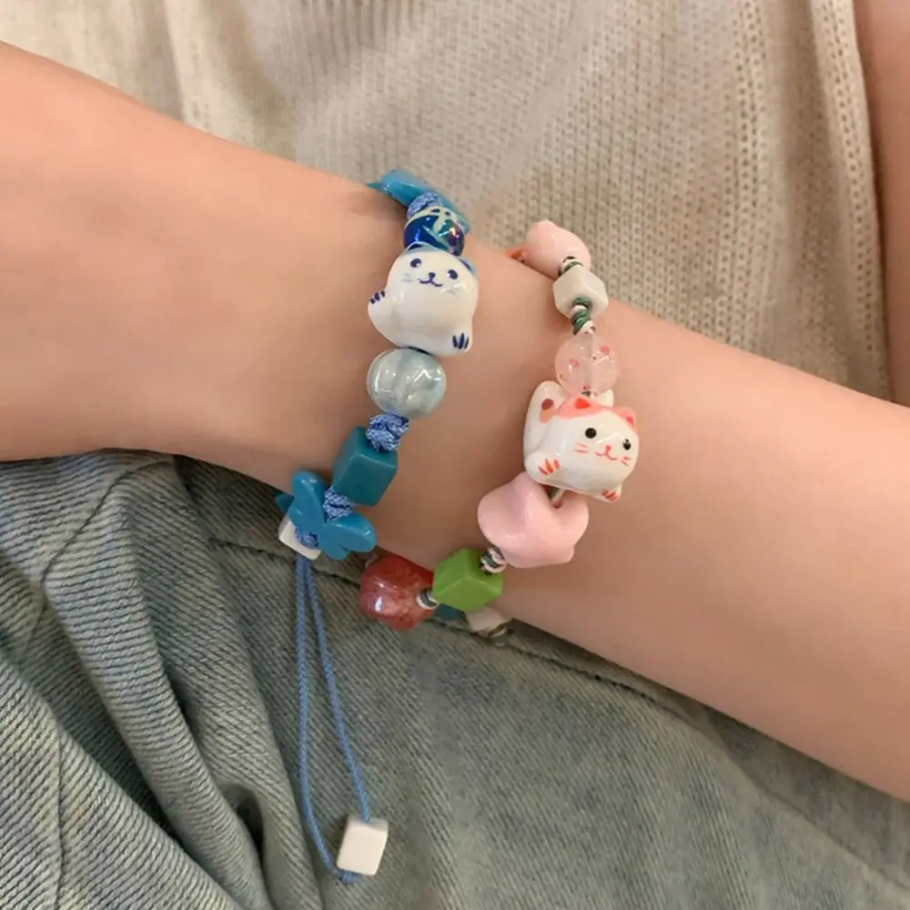 Fresh Ceramic Cat Bracelet Maneki Neko Bracelet Charming Lucky for Cat Bead Bracelet  Gifts for Children Adult Men Women