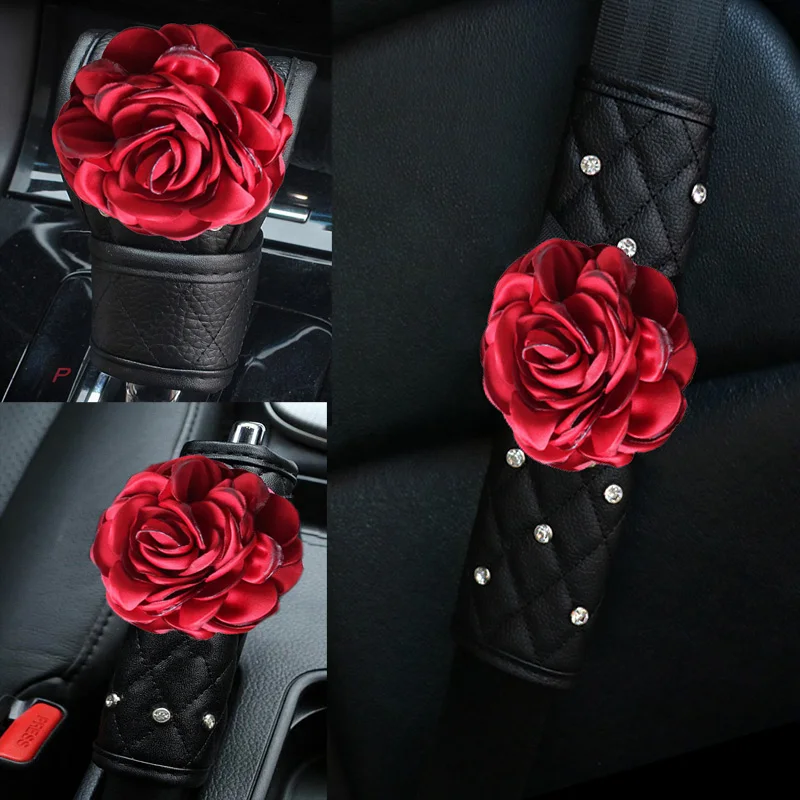 17 Pcs Black Red Car Accessories Set for Women Leather Red Steering Wheel  Cover Seat Belt Shoulder Pad Armrest Cup Holders Covers Full Crystal Decor