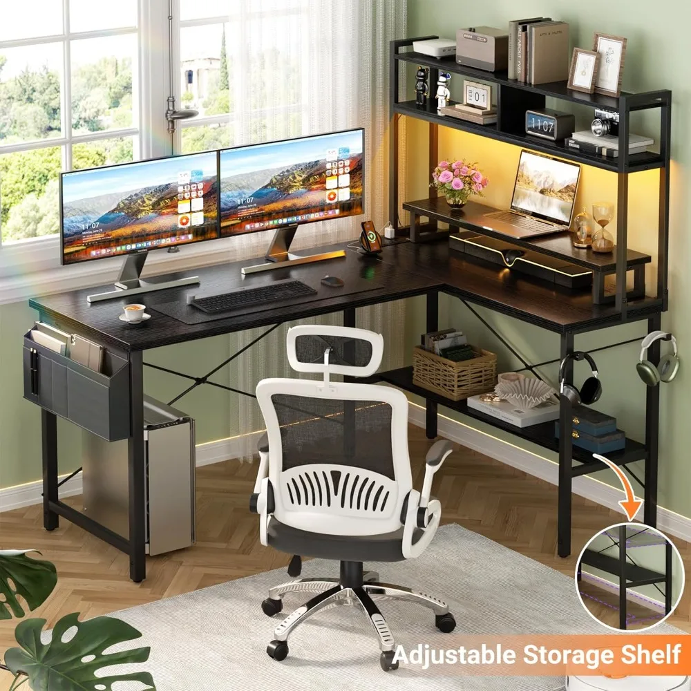L-Shaped Gaming Desk with LED Lights, Power Outlets & Storage - Black Corner Computer Desk