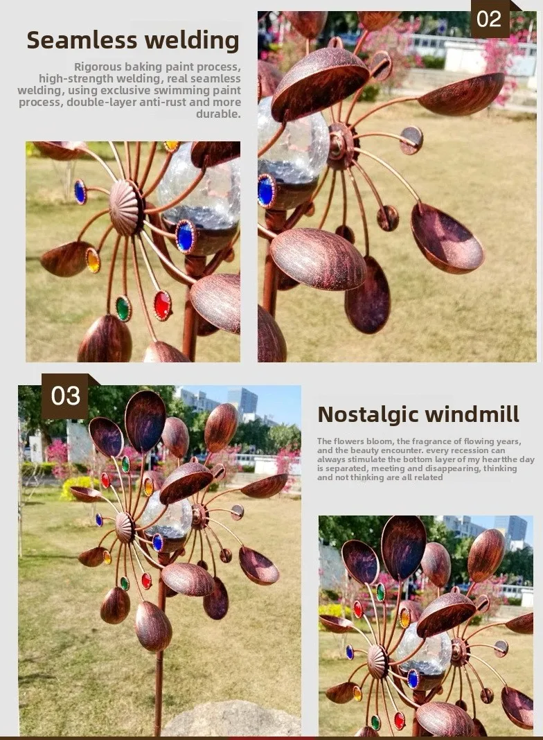 Garden Solar Powered Wind Spinners Glass Iron Windmill Solar Powered Bronze Metal Art Craft Garden Yard Landscape Decoration