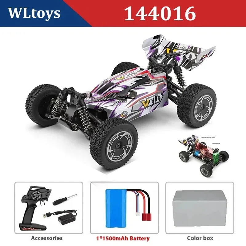 Détail du moteur et des roues du buggy WLtoys 144001 avec châssis métal