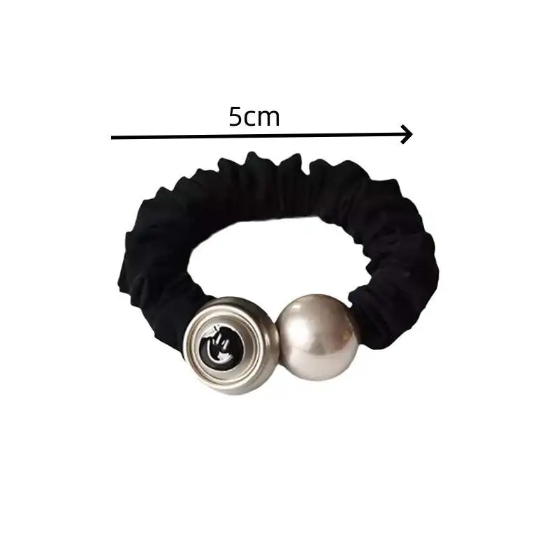 1PC　Chic Black Hair Scrunchie with "min min" Metal & Pearl Accents, Durable Elastic Hair Tie for Women, Trendy Hair Accessory