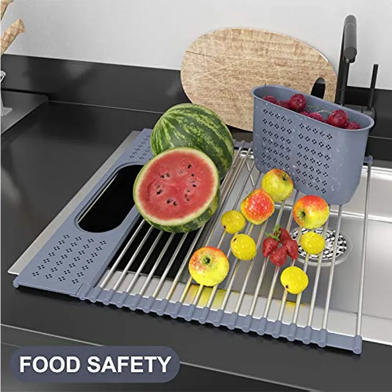 Expandable Roll Up Dish Drying Rack with Storage Baskets,Over The