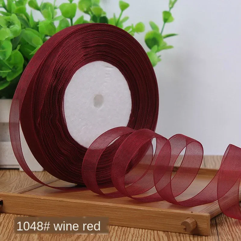 50yards Wine Red Organza Ribbon For Bow Wedding Christmas Decoration Handmade DIY Wrapping Crafts 1.2cm 1.5cm 2cm 2.5cm 4cm 5cm