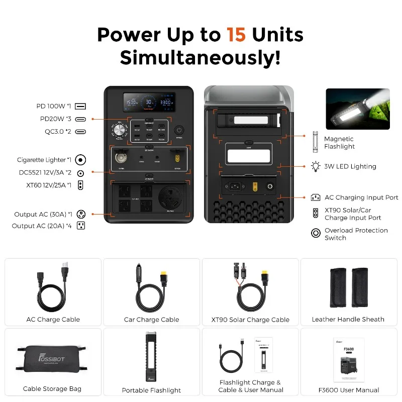 FOSSIBOT - Centrale électrique portable, FOSSiBOT F3600 générateur solaire  LiFePO4 3840 Wh, sortie CA 3600 W - Noir - Batteries solaires - Rue du  Commerce