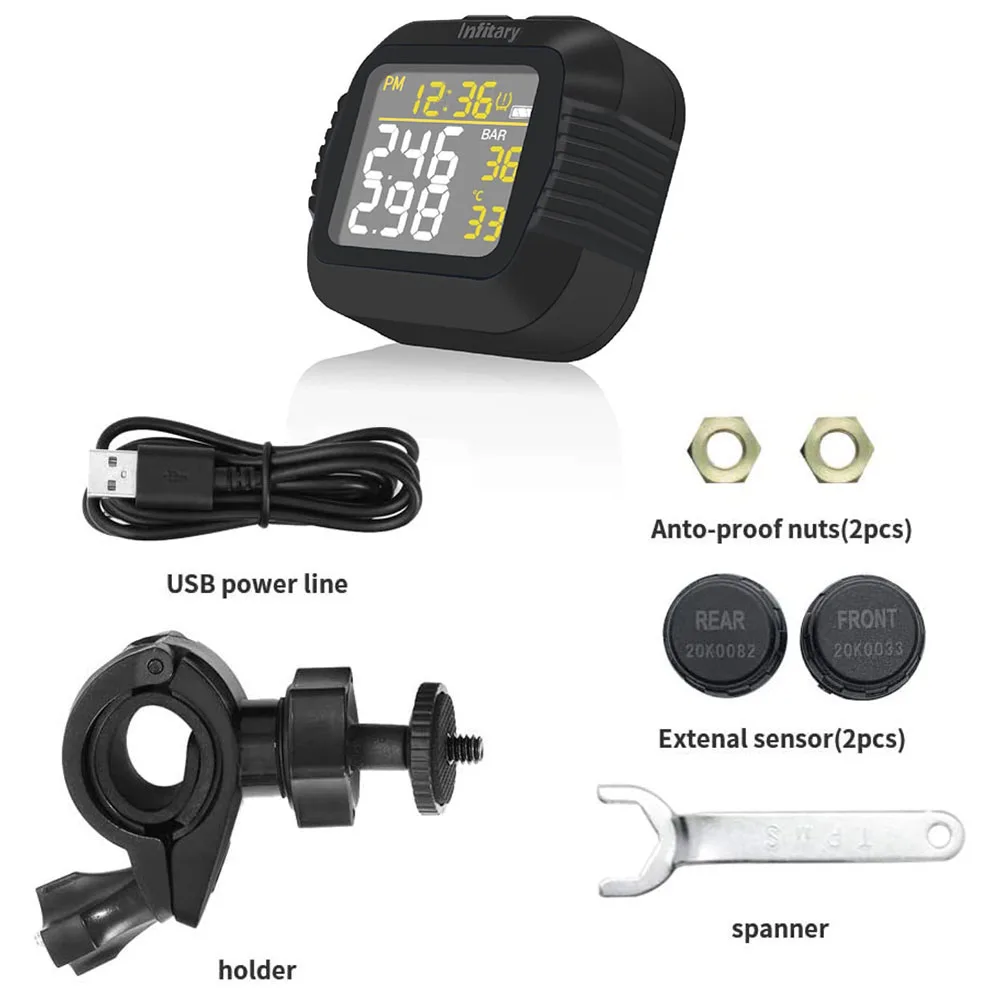 INFITARY Motor TPMS Tire Pressure Monitoring System Auto Bike Tyre Alarm LCD Real Time Monitor Temperature Chargeable Wireless Motorcycle TPMS for Two-Wheel Motorbike Bicycle 2 External Sensor 
