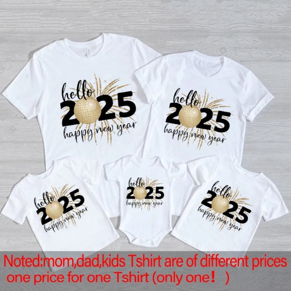 Hola 2025 Ropa a juego para la familia Feliz año nuevo Papá Mamá Niños Camisa Mameluco de bebé Camiseta familiar Look de fiesta navideña Atuendo Camisetas