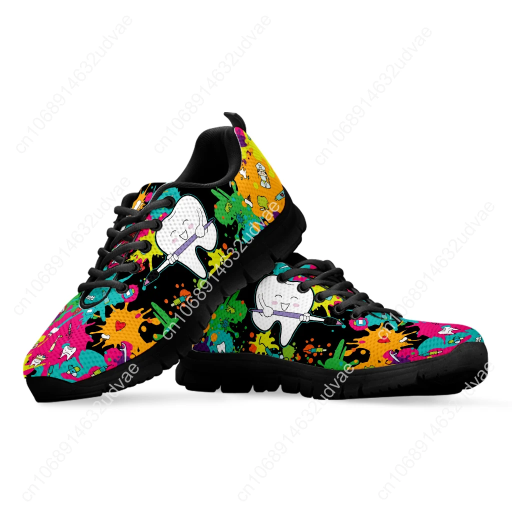 Dental Footwear Tie Dye Painted Mesh Shoes Cartoon Teeth Print Walking Sneakers Women's Outdoor Tennis Footwear 2023