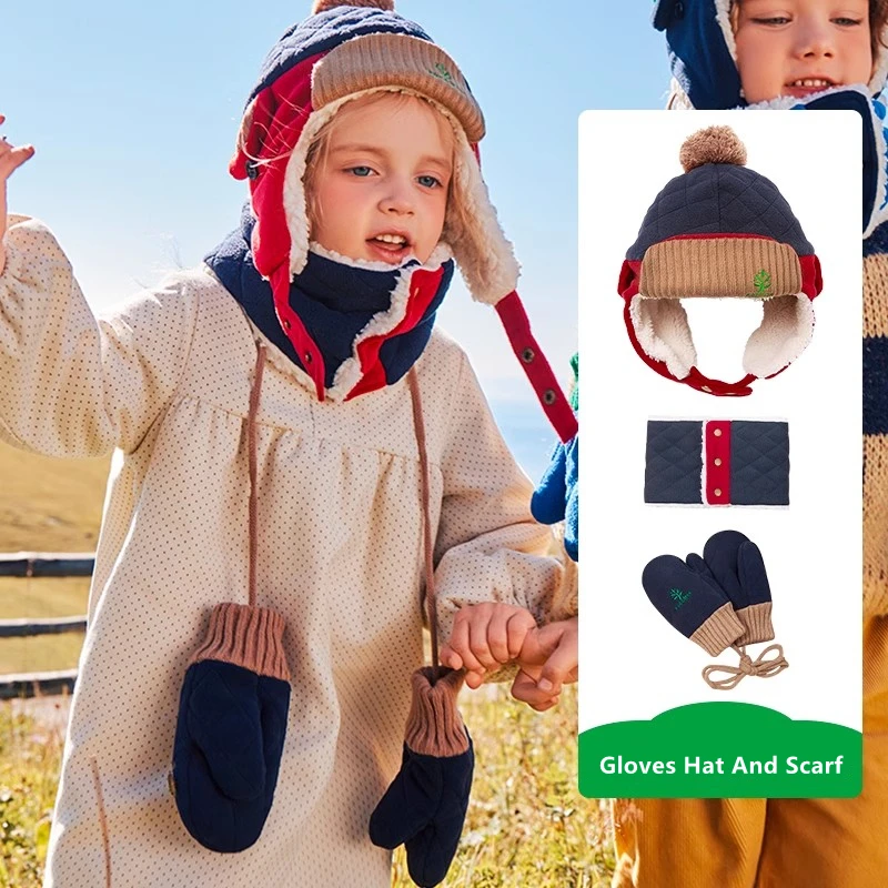 Warm Children Hat Scarf Gloves Set Autumn Winter Kids Ear Protection Warm Cap Boy Girl Soft Windproof Thickened Velvet Hats