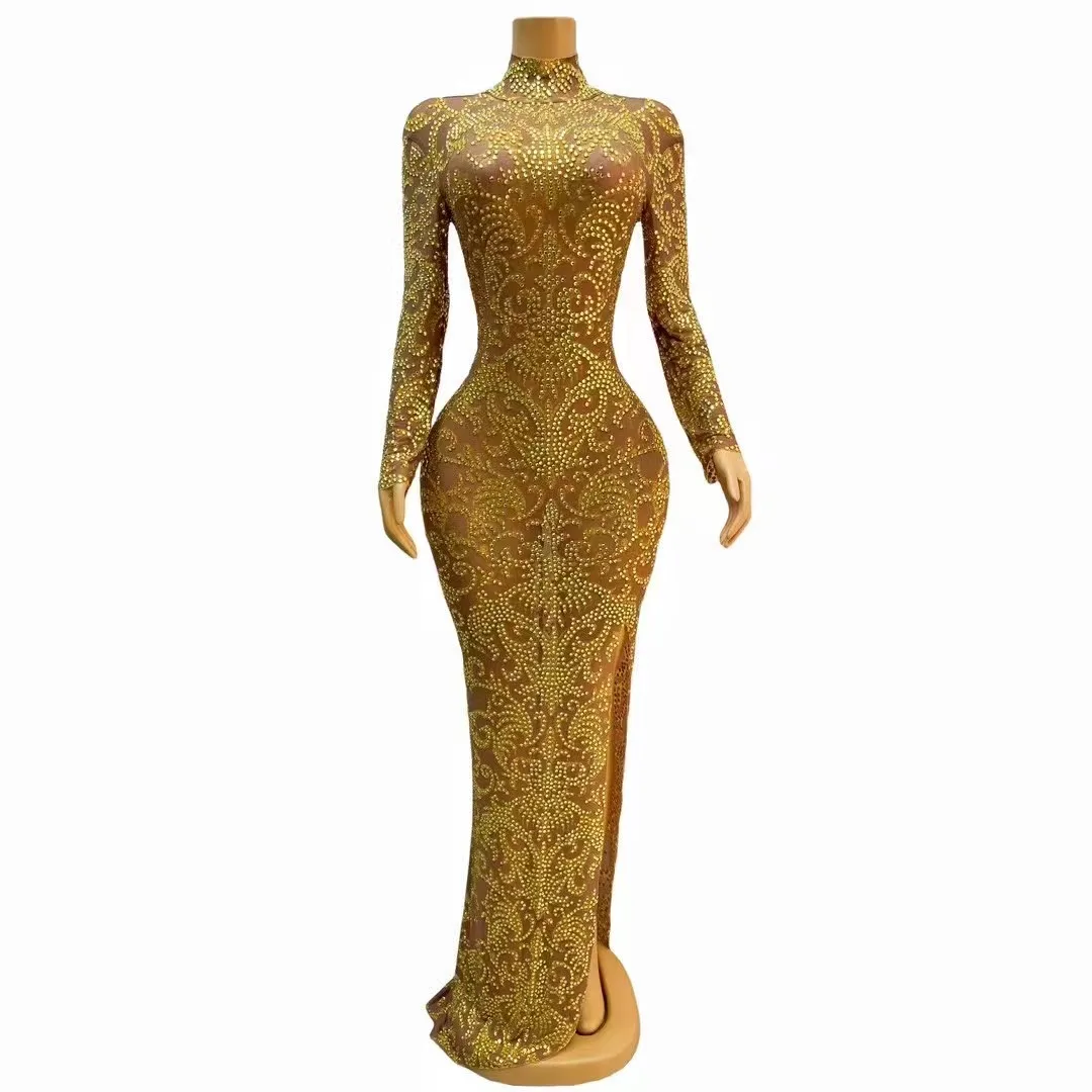 

Fashion Gold Rhinetones Long Sleevees Split Dress Women Birthday Evening Celebrate Costume Film Festival Evening Dress Gongting