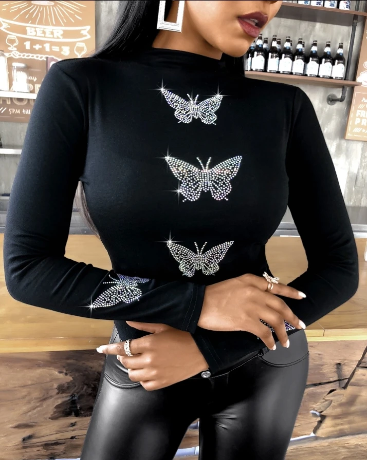 thumbnail image 1 of Blusa de manga larga con tachuelas y estampado de mariposas, ropa Y2K, blusas de una pieza para mujer, conjuntos para mujer 2024, ropa femenina, camisetas, 1 of 4