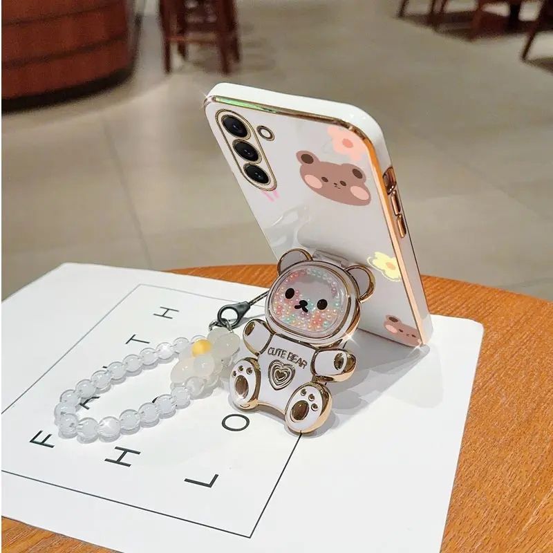 Charming Floral Bear Lanyard Phone Holder Case with Stand Feature