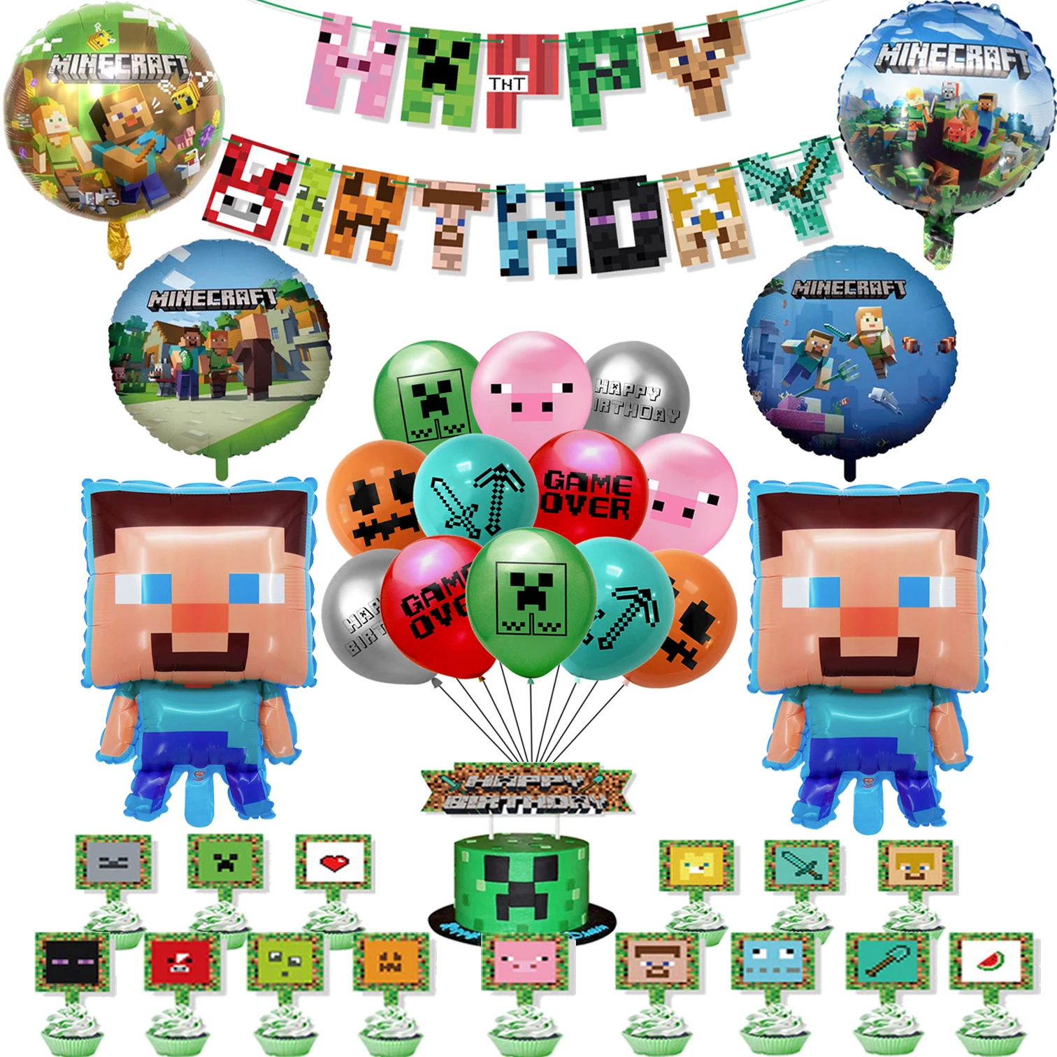 Video Game Foil Latex Balloons Happy Birthday Banner Kids Boy Ballons Cake Topper Party Decoration Green Pixel Pig Creepyed TNT |
