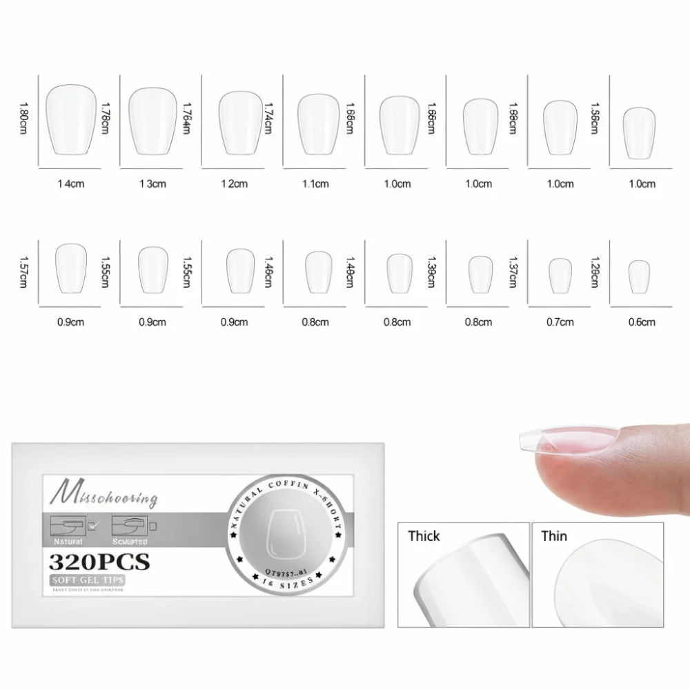 New 16 Sizes Gel False Nail Tips Curved Arch Soft Fake Nails Extension Full Cover Artificial Press on Nails for Women Girls