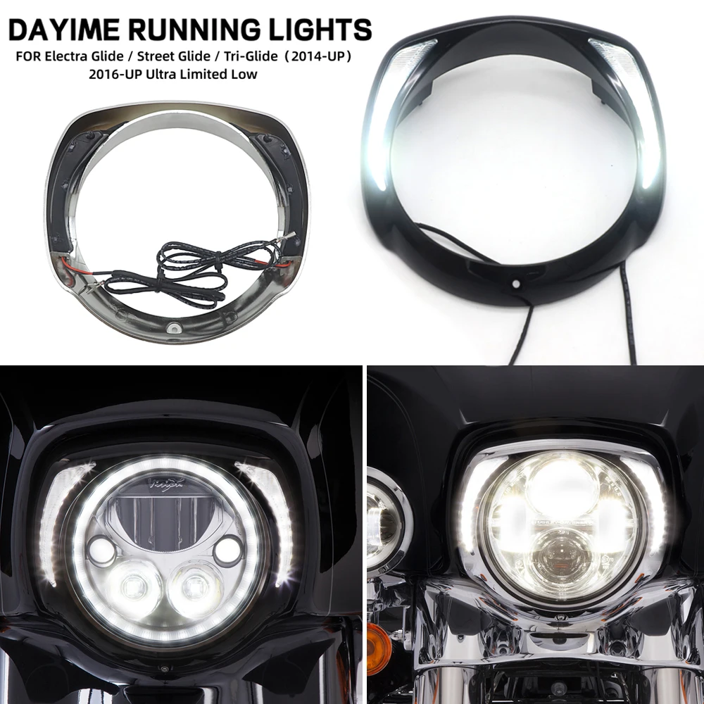 

For Touring Tri Road King Street Electra Glide Low FLHTCU Ultra Limited Chrome Daytime Running LED Headlight Bezel Light