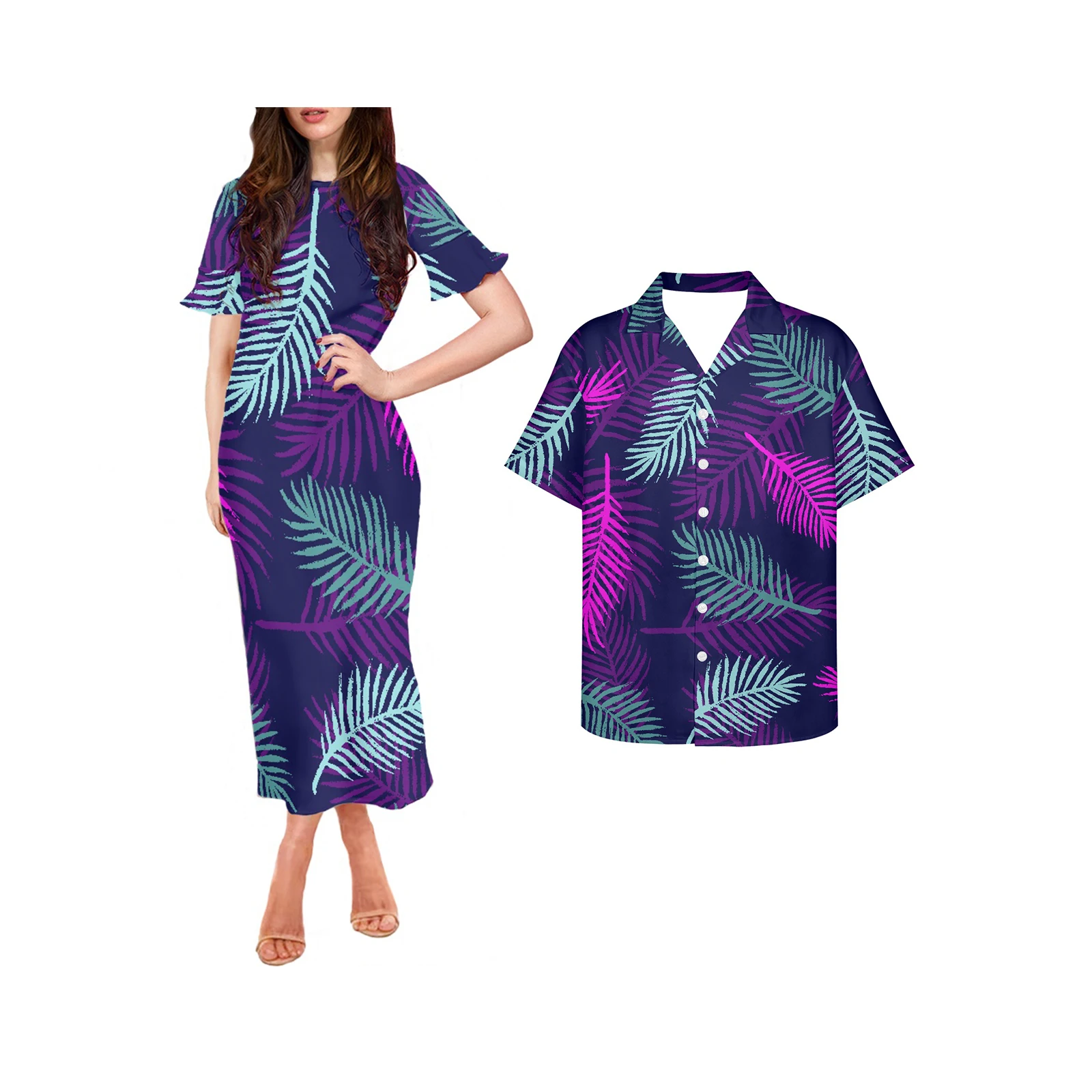 Women Dress Matching Men Shirts Valentine's Day Women's 2 pieces sets Polynesian Samoan Tribal Print Couple Dress Clothing