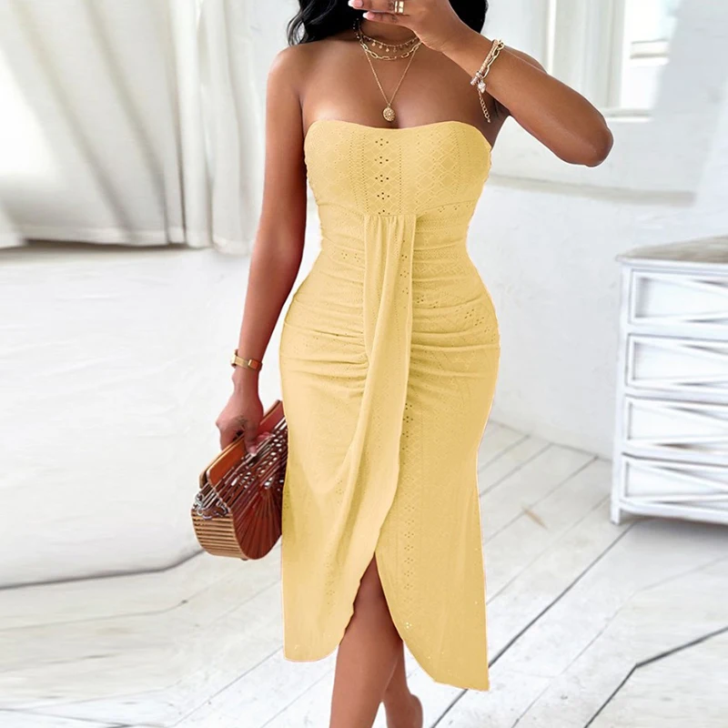 

Women Elegant Strapless Draped Long Dress Summer Sexy Off Shoulder Sleeveless Bodycon Dress 2024 Fashion Split Solid Party Dress