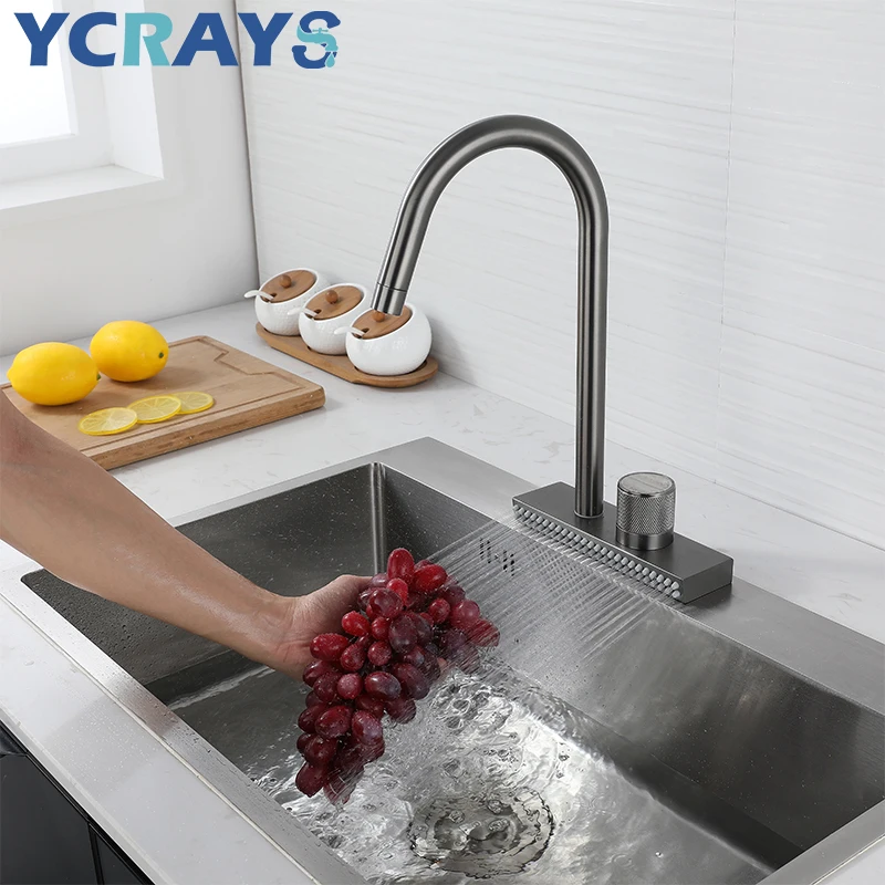 YCRAYS Waterfall Sink Faucet For Kitchen Hot Cold Mixer Wash Basin Multiple Water Outlets Rotation Flying Rain Tap Single Hole