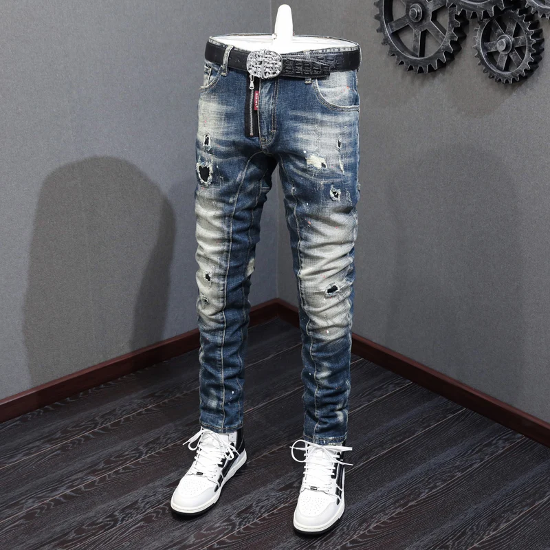 Street Fashion Men Jeans Retro Blue Elastic Stretch Slim Fit Ripped Jeans Men Spliced Designer Hip Hop Denim Biker Pants Hombre