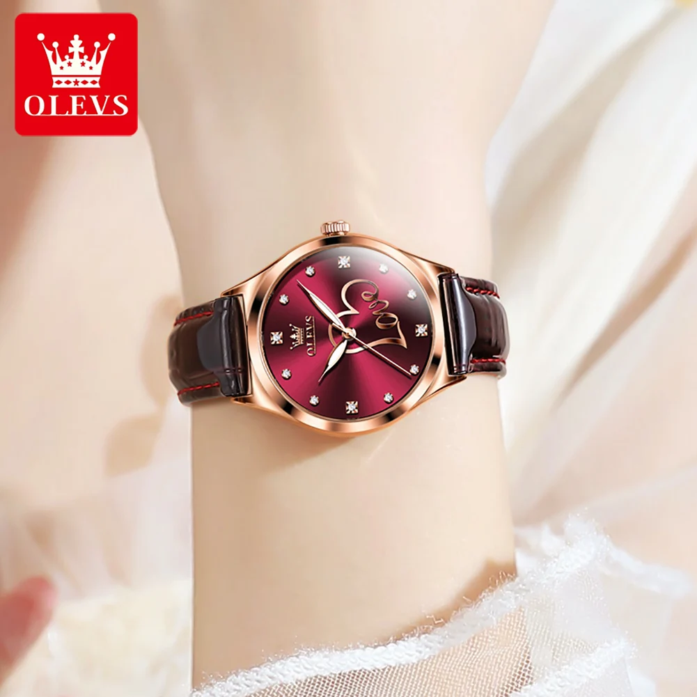 OLEVS Watch for Women Luxury Diamond Love Luminous Dial Women's Watch Waterproof Leather Strap Elegant Ladies Quartz Watch Reloj