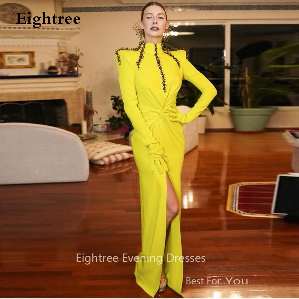 

Eightree Modest Yellow Mermaid Evening Dresses Dubai Arabic Women Long Sleeves Shiny Sequined High Neck Prom Gowns Formal Dress