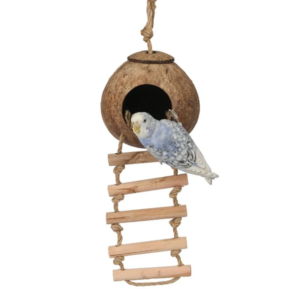 Kokosnuss-Vogelnest-Hütte mit Leiter zum Aufhängen, zum Aufhängen, Kokosnuss-Vogelhaus, Papageien-Versteck, Vogelkäfig für Lovebird, Tauben, Heimtierbedarf – Detail 11