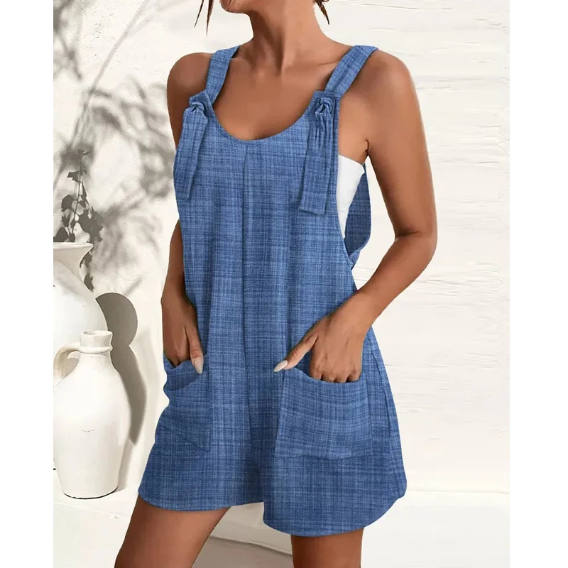 Women Y2K Casual Streetwear Loose Jumpsuit Shorts Summer Trendy Sexy Sleeveless Pockets Beach Romper Print Overalls Ropa Outfits