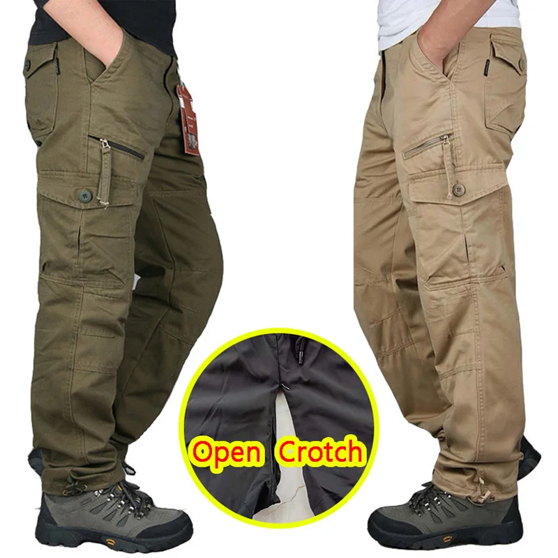 Men Open Crotch Cargo Pants Multi-Pockets with Hidden Zippers Crotchless Trousers Multi-Functional Loose Outdoor Sport Couple tactical pants