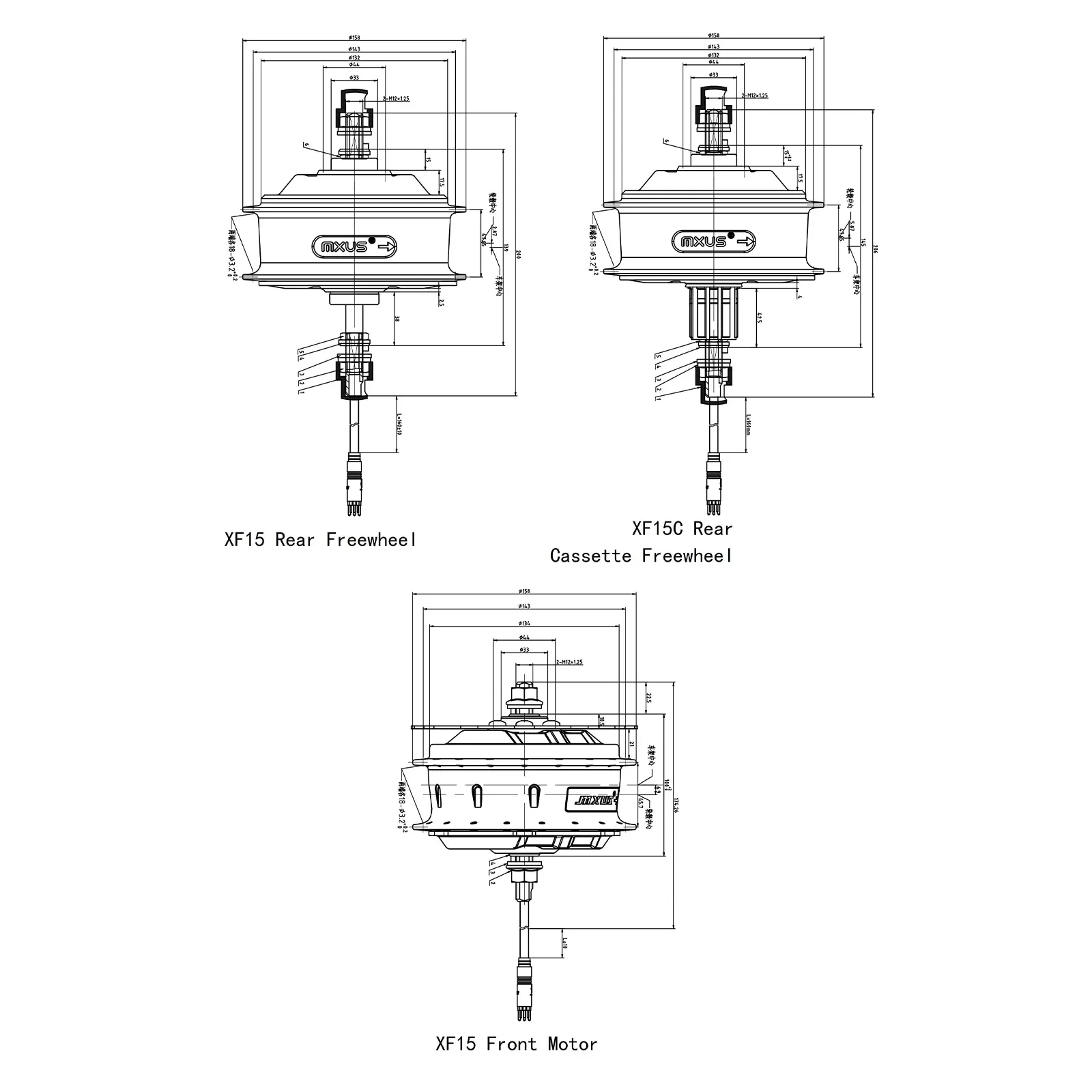 Zadný kazetový elektrický motor MXUS pre bicykel zobrazený z rôznych uhlov