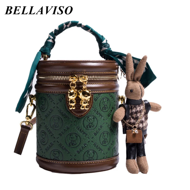 

BellaViso Trendy Green Women's Crossbody Bag Female's Niche Portable Barrel Shaped Cartoon Bear PU Leather Shoulder Bags BLCR-25