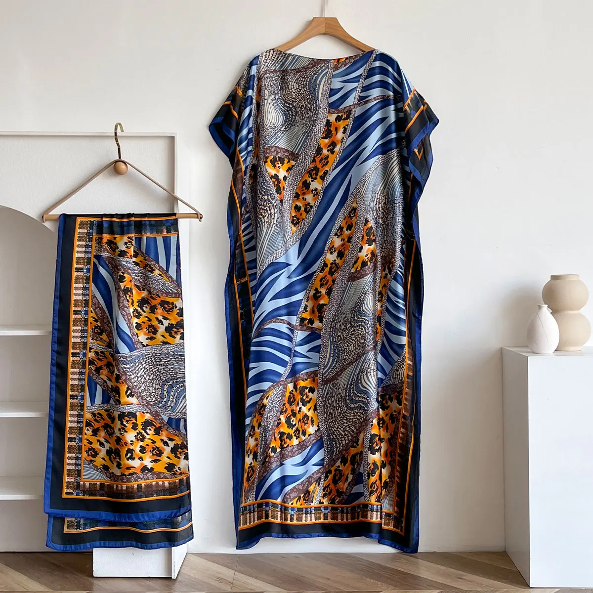 NEW Fashion Summer Dress With Big Scarf Dubai Turkey Kaftan Muslim Loose Abaya Women African Casual Leopard Print Shawl Robe