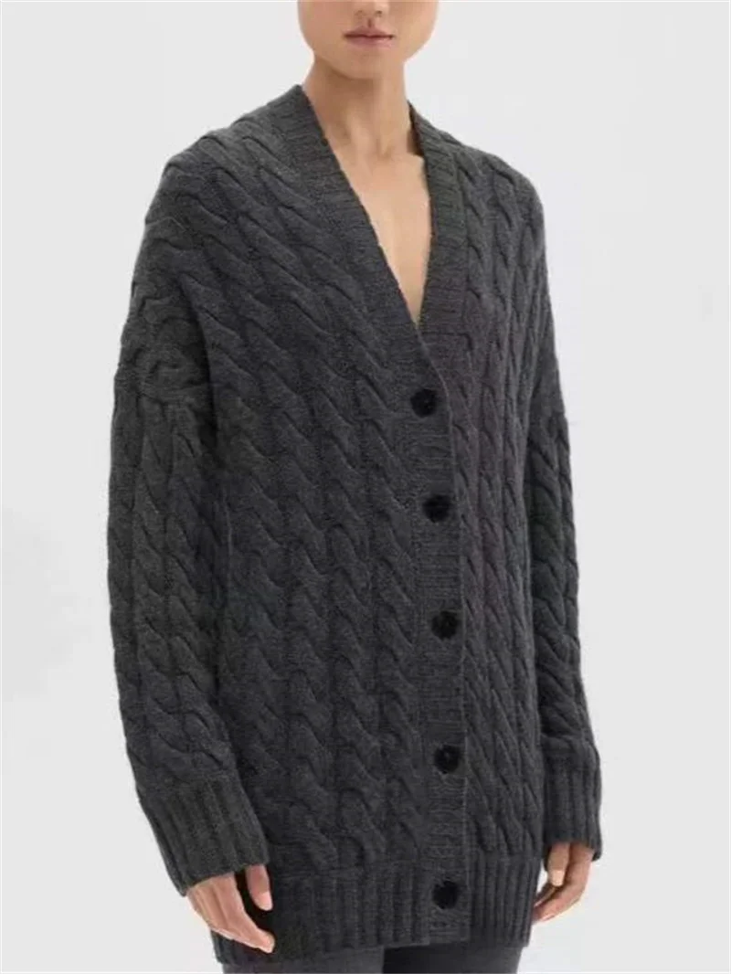 

Women's Cashmere Wool Blend Solid Color Twisted Knit Cardigan Jacket Autumn and Winter New Ladies V-Neck Single-Breasted Sweater