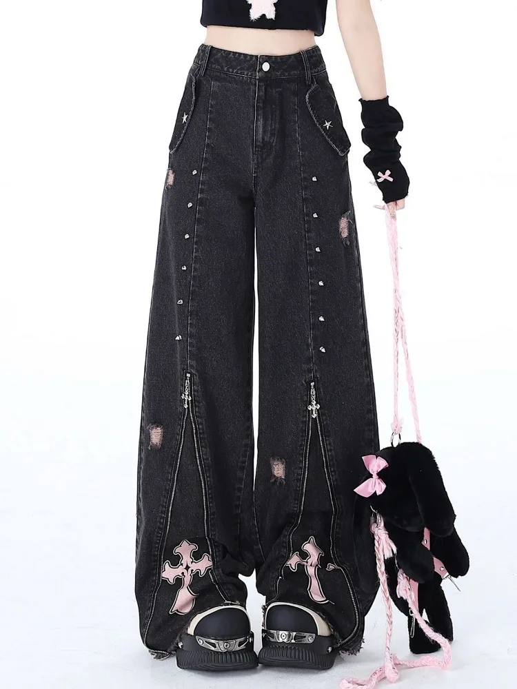 HOUZHOU Y2k Vintage Gothic Baggy Jeans Woman's Oversized Japanese Style Denim Pants Korean Fashion Harajuku Streetwear Trousers