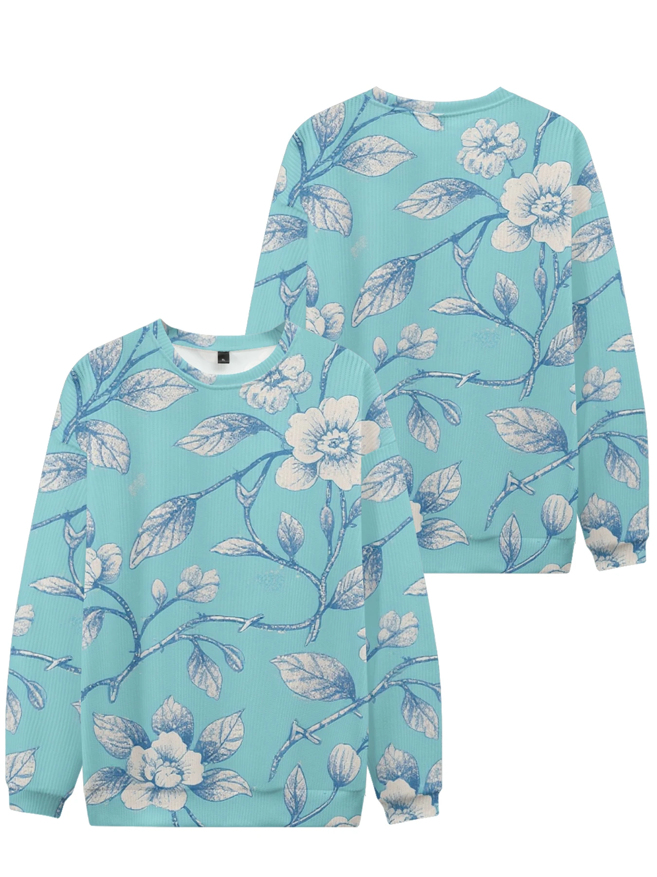 Sweat-shirt à col rond bleu doux avec imprimé Floral élégant, haut décontracté unisexe à manches longues pour le printemps et l'automne, vêtements quotidiens confortables