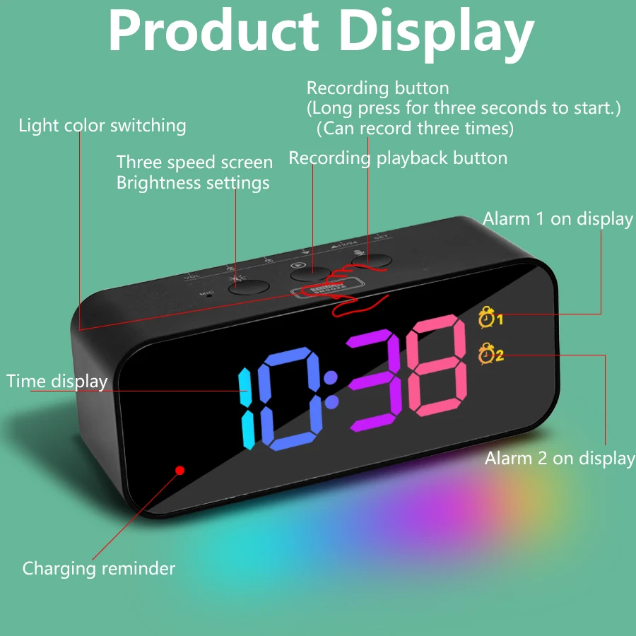 1pc new RGB color large screen digital recording clock, can record three kinds of sound alarm, sleep mode, voice control mode, t