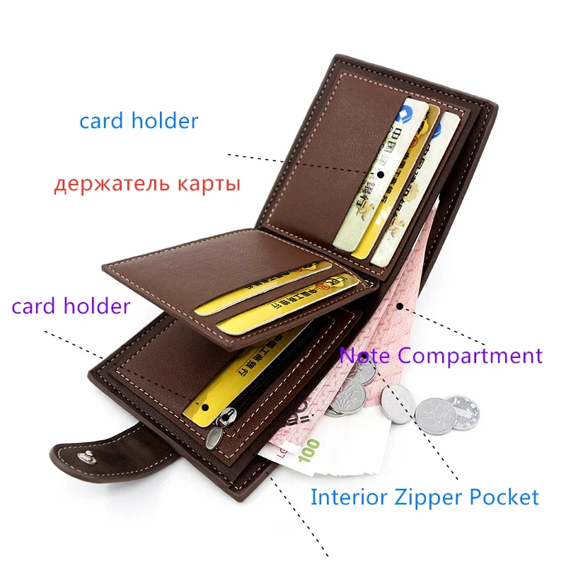 Men's Premium PU Leather Business Wallet with Zipper Coin Pocket & Hasp
