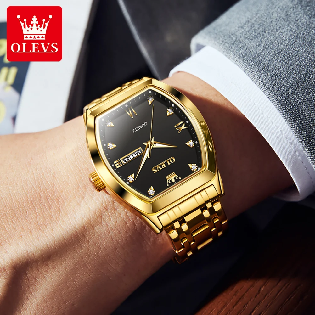 OLEVS Mens Watches Top Brand Luxury Gold Tonneau Dial Quartz Watch Men Stainless Steel Waterproof Wristwatches Relogio Masculino